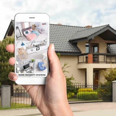 Saginaw vivint phone display of cctv live feed in front of a house